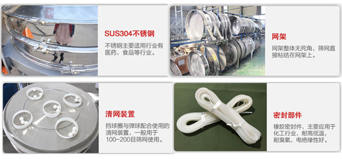 不銹鋼旋振篩細(xì)節(jié)：網(wǎng)架，清網(wǎng)裝置，密封部件