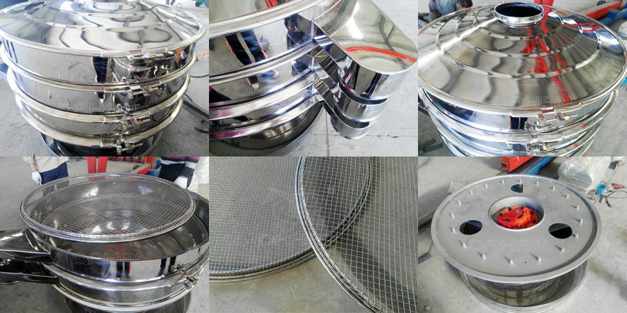 圓形振動篩結(jié)構(gòu)：出料口，底座，進料口，篩網(wǎng)等部件展示圖