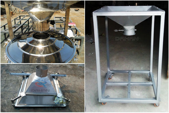 圓形振動篩料倉與進料口連接處，料倉展示結(jié)構(gòu)圖