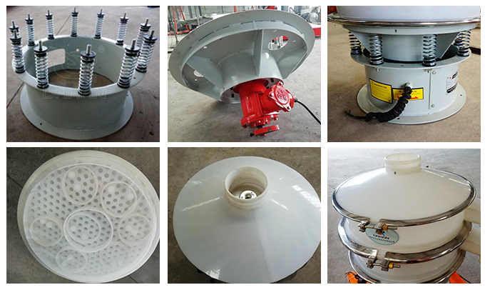 塑料振動篩彈簧底座安裝，振動電機(jī)安裝，篩網(wǎng)，防塵蓋等安裝圖片展示